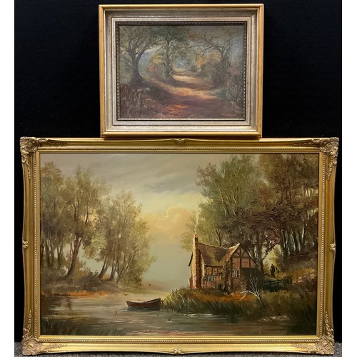 70 - Dion Pears (bn.1929), A Riverside Cottage, signed, oil on canvas, 61cm x 82cm;  Patricia Load, Woodl... 