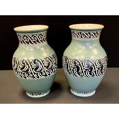 75 - A pair of Pearson of Chesterfield baluster vases, two tone blue, incised sgraffito decoration, 33cm ... 