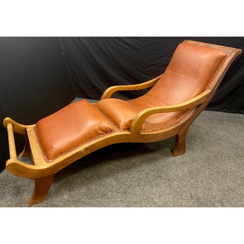 79 - A Walter Knoll style walnut chaise longue, tan leather upholstery, 89cm high x 191cm long x 63cm wid... 