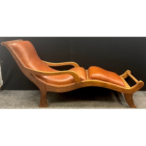 79 - A Walter Knoll style walnut chaise longue, tan leather upholstery, 89cm high x 191cm long x 63cm wid... 