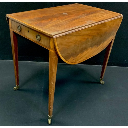 91 - A 19th century mahogany Pembroke table, cross-banded top, single drawer to frieze, tapering square l... 