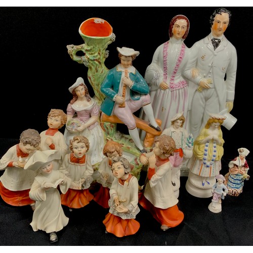 100 - Figures - A Staffordshire flatback ‘Prince and Princess’, 34cm  high, another; a set of seven Capodi... 