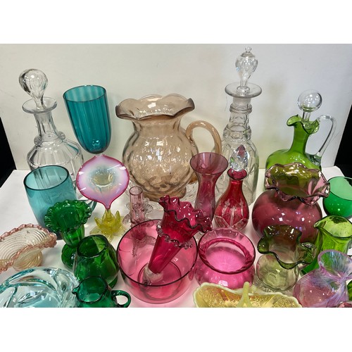 107 - Victorian and later coloured glass including green frilled vase, 12cm high, Vaseline orchid vase, an... 