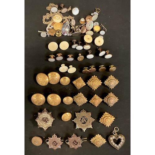 262 - Militaria and shirt studs inc Regimental cap badges & Buttons, Royal Army Service Corps etc, 15ct go... 