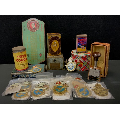 272 - Boxes and Objects - tins including shell decorated revolving calendar tin, 13cm high, Sarony Cigaret... 