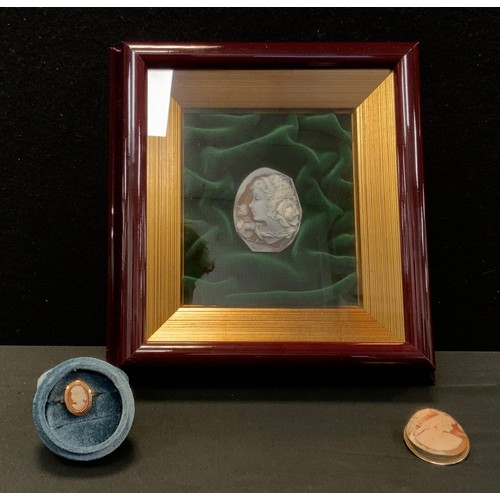 282 - A cameo panel, as a young maiden Roses in her hair, signed, framed,  9ct gold mounted cameo ring, 4.... 