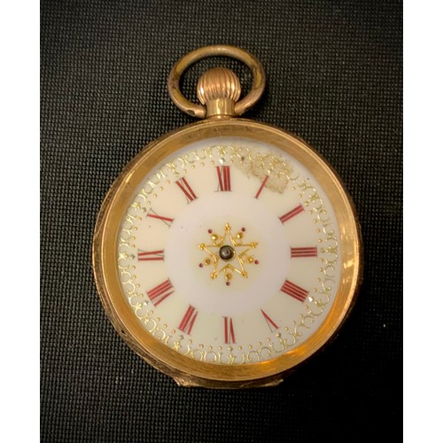 286 - A Continental 18ct gold cased open face pocket watch, white dial, Red roman numerals, stem wind move... 