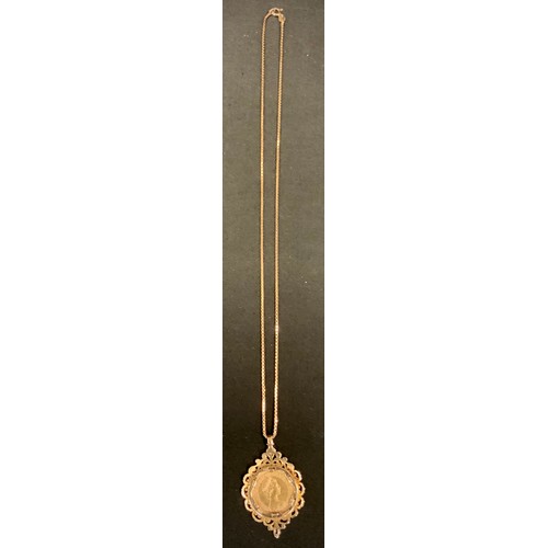 288 - An Elizabeth II full Sovereign pendant necklace, London mint, 1974, 9ct gold pendant mount and box l... 