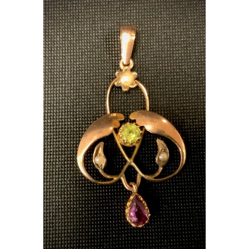 289 - An Art Nouveau amethyst peridot and seed pearl pendant, 9ct gold mount, 3.5cm drop, stamped 9ct, 1.3... 