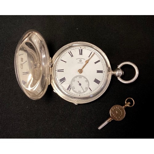 292 - A George V silver hunter cased military pocket watch, Rotherham's London, white enamel dial, bold Ro... 