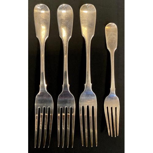 306 - A set of three George IV silver Hanoverian pattern table forks, each with four tines, probably Rober... 