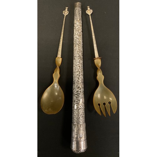 309 - A pair of Silver Mounted Horn salad servers, spoon and fork, with Scottish thistle shield silver fin... 