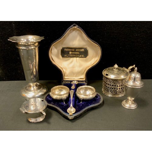 312 - Silver - a George V twin handled lidded mustard, (No liner) London 1931;  Silver pepper pot, marks r... 