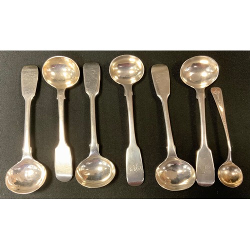 335 - A set of four William IV silver mustard spoons, William Theobalds, London 1834, others,  Victorian, ... 