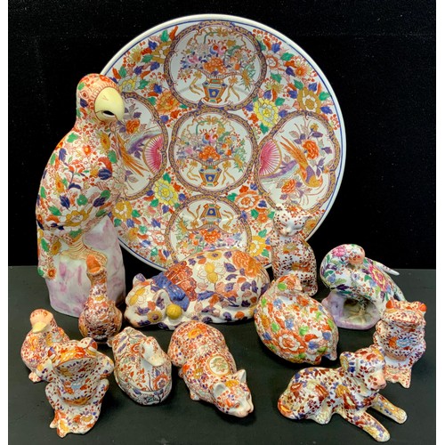 94A - A group of modern Chinese imari style animals including a parrot,40cm high, cats, frogs, birds; a la... 