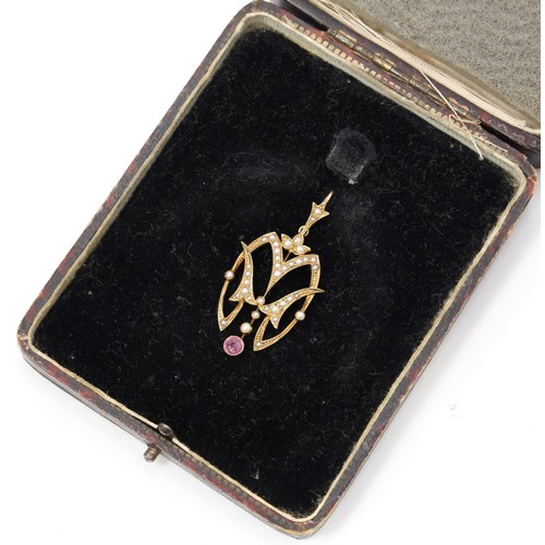 357 - A late Victorian Art Nouveau 15ct gold openwork pendant, set with differing sized seed pearls, suspe... 