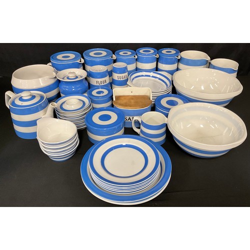 99 - A collection of T.G. Green blue and white Cornishware, including salt box, jugs and covers, storage ... 