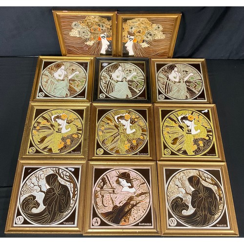 111 - A set of four Maw majolica tiles, The Seasons, another set; others, Art Nouveau Ladies, 20cm, all fr... 