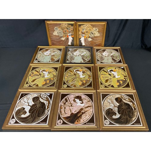 111 - A set of four Maw majolica tiles, The Seasons, another set; others, Art Nouveau Ladies, 20cm, all fr... 