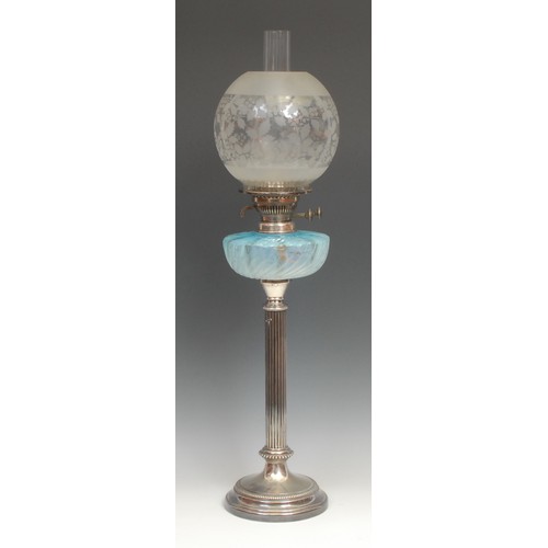 66 - A late Victorian/Edwardian E.P.N.S table lamp, etched globular shade, blue vaseline glass reservoir,... 