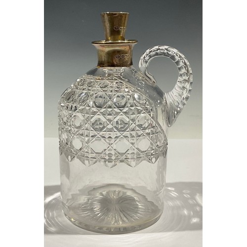 69 - An Edwardian silver mounted hobnail-cut glass gin flagon, tapered stopper, loop handle, star-cut bas... 