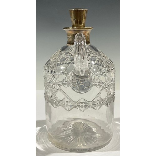 69 - An Edwardian silver mounted hobnail-cut glass gin flagon, tapered stopper, loop handle, star-cut bas... 