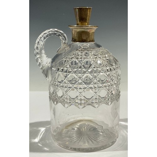 69 - An Edwardian silver mounted hobnail-cut glass gin flagon, tapered stopper, loop handle, star-cut bas... 