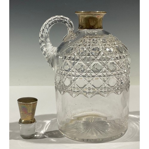 69 - An Edwardian silver mounted hobnail-cut glass gin flagon, tapered stopper, loop handle, star-cut bas... 