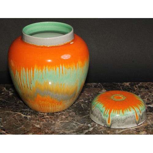 151 - A Shelley Harmony ginger jar and cover, drip glazed in tones of orange, green and brown, printed mar... 