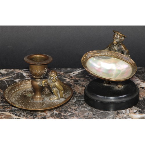 176 - A 19th century French bronze novelty trinket dish, as an anthropomorphic monkey holding a mother of ... 