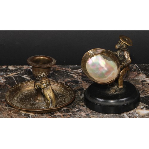 176 - A 19th century French bronze novelty trinket dish, as an anthropomorphic monkey holding a mother of ... 