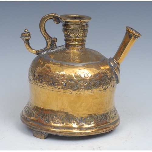 181 - A Middle Eastern brass hookah base, chased with bands of stylised flowers, scroll handle, three rect... 