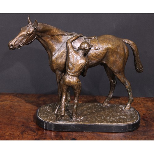 210 - Jean Walwyn (20th century), a patinated bronze, Saddling Up, a horse and jockey, signed J. Walwyn, i... 