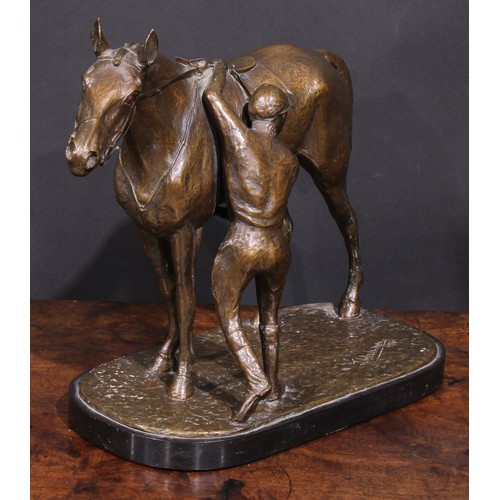 210 - Jean Walwyn (20th century), a patinated bronze, Saddling Up, a horse and jockey, signed J. Walwyn, i... 