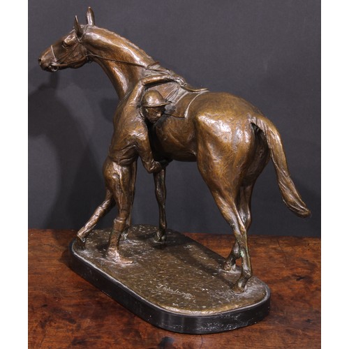 210 - Jean Walwyn (20th century), a patinated bronze, Saddling Up, a horse and jockey, signed J. Walwyn, i... 