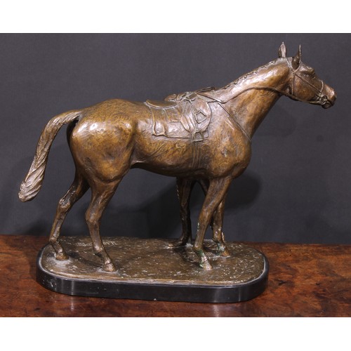 210 - Jean Walwyn (20th century), a patinated bronze, Saddling Up, a horse and jockey, signed J. Walwyn, i... 