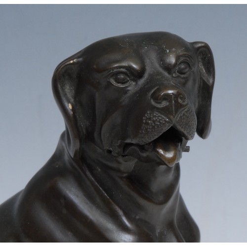 213 - A 19th century French brown patinated bronze novelty card or letter holder, as a seated dog, his mou... 