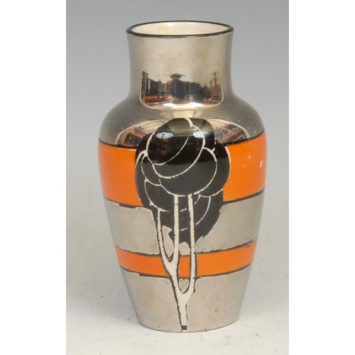 250 - An Art Deco Wardle silver lustre shoulder vase, printed in monochrome with an Edwardian beauty, band... 