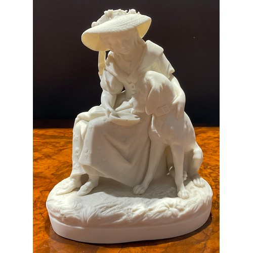 297 - A Samuel Alcock & Co. Parian figure, of a young lady giving a dog a drink, 19cm high, printed mark i... 