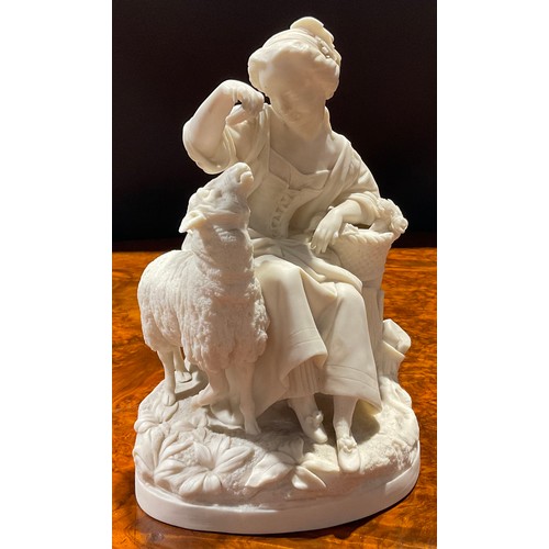 297 - A Samuel Alcock & Co. Parian figure, of a young lady giving a dog a drink, 19cm high, printed mark i... 