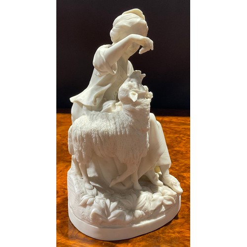 297 - A Samuel Alcock & Co. Parian figure, of a young lady giving a dog a drink, 19cm high, printed mark i... 