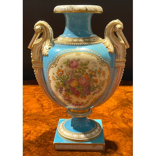 343 - A Coalport two-handled pedestal ovoid vase, painted to front and verso with colourful summer flowers... 