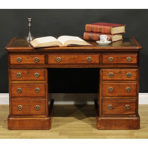 184 - A Victorian mahogany twin pedestal desk, rectangular top with inset tooled and gilt writing surface ... 