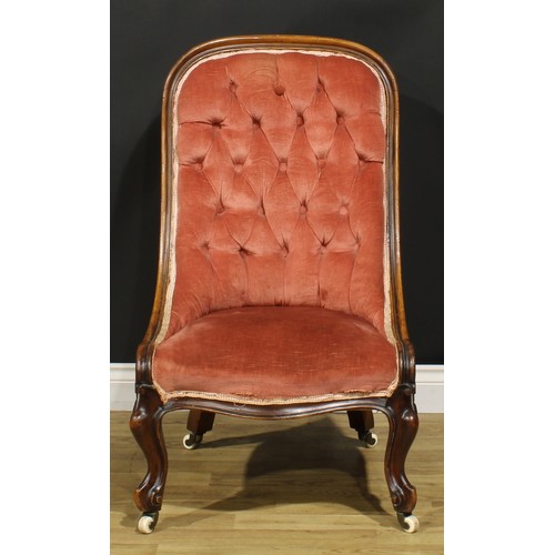 192 - A Victorian walnut drawing room chair, stuffed-over upholstery, cabriole forelegs, ceramic casters, ... 