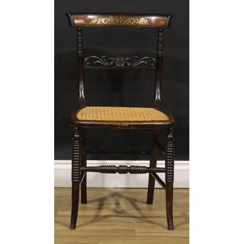 194 - A pair of Post-Regency beech and brass marquetry side chairs, each with a cane seat, ring-turned for... 