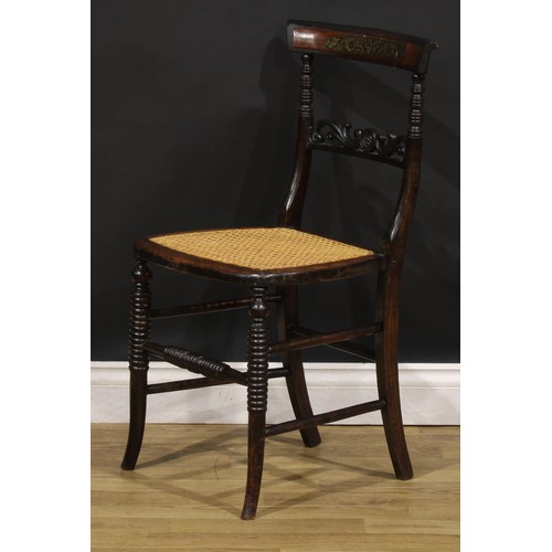 194 - A pair of Post-Regency beech and brass marquetry side chairs, each with a cane seat, ring-turned for... 