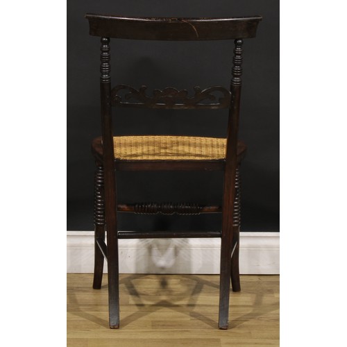 194 - A pair of Post-Regency beech and brass marquetry side chairs, each with a cane seat, ring-turned for... 