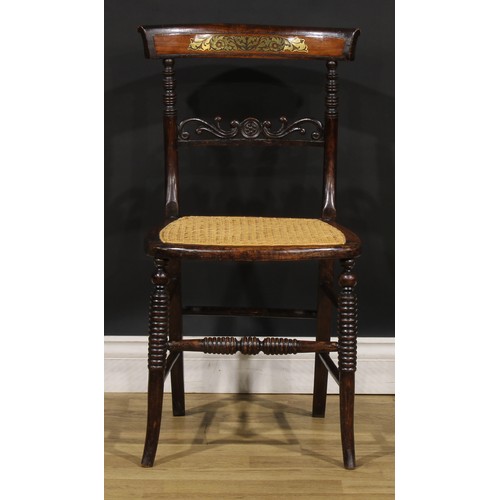 194 - A pair of Post-Regency beech and brass marquetry side chairs, each with a cane seat, ring-turned for... 