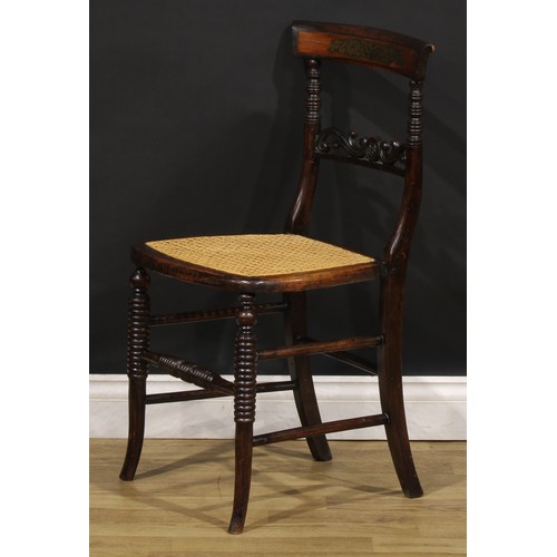 194 - A pair of Post-Regency beech and brass marquetry side chairs, each with a cane seat, ring-turned for... 