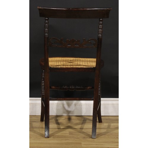 194 - A pair of Post-Regency beech and brass marquetry side chairs, each with a cane seat, ring-turned for... 